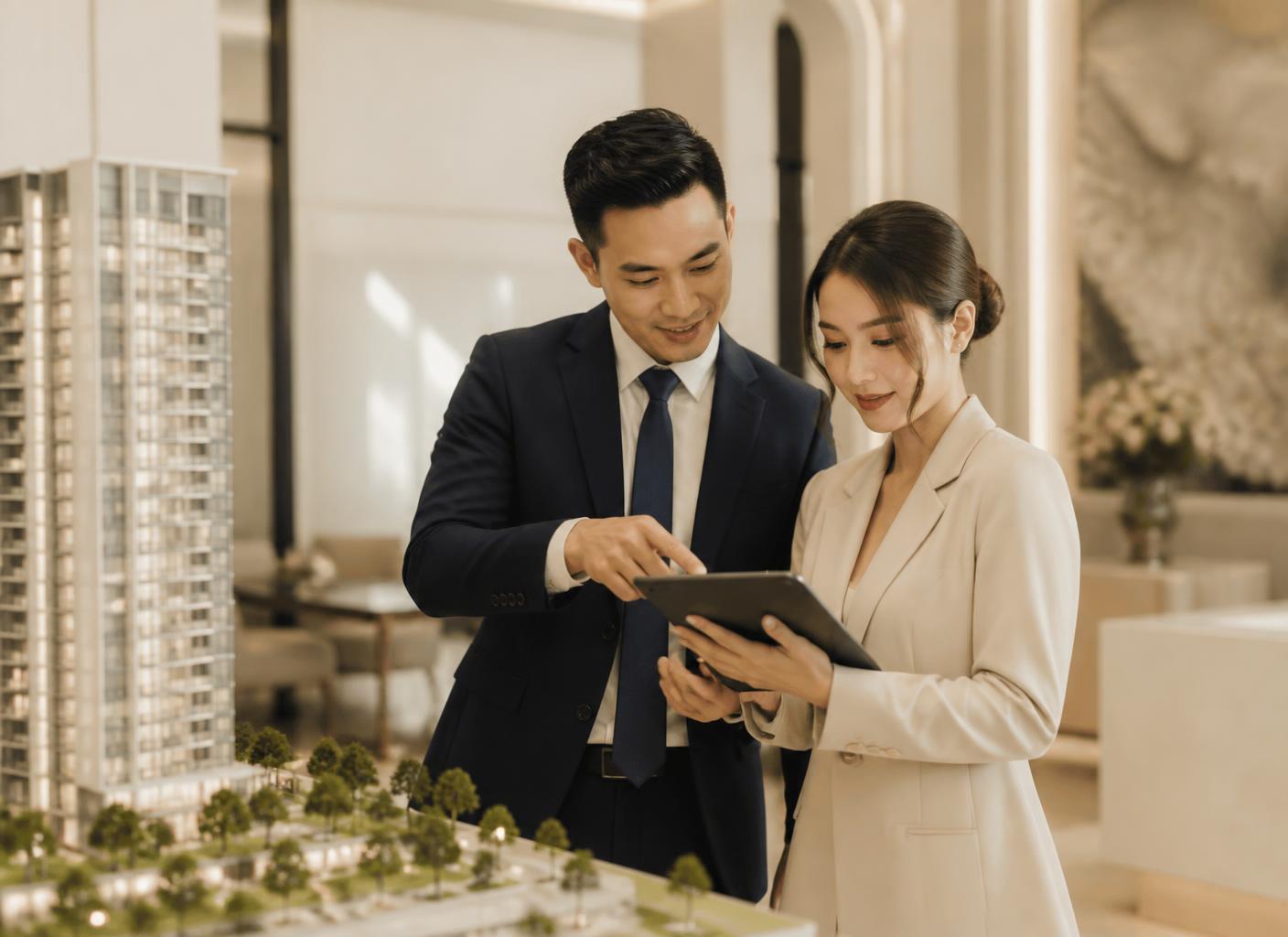 Chuyên viên tư vấn của đại lý giới thiệu dự án bên sa bàn
